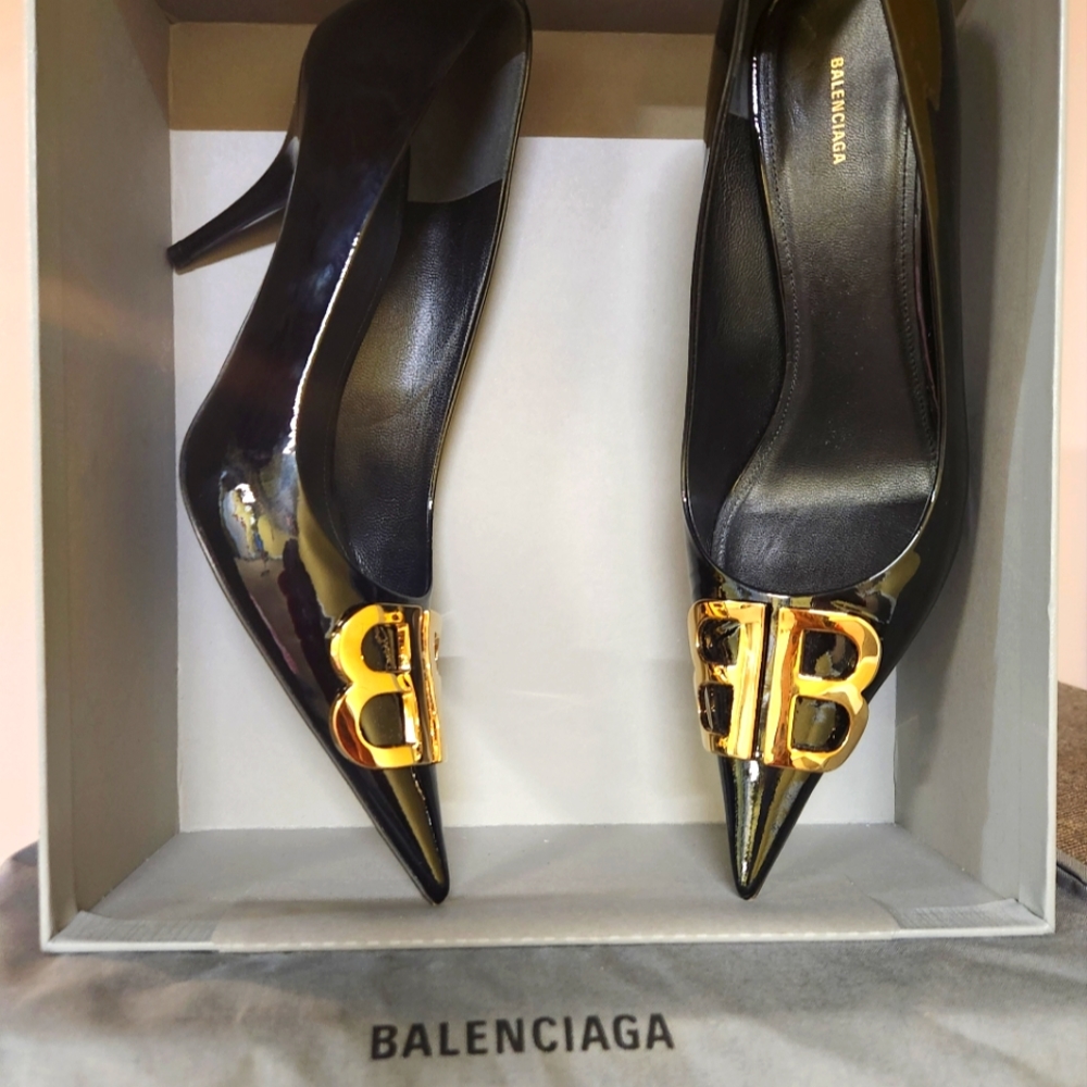 Balenciaga Women's Black Patent Leather with Iconic Gold "B" Pumps